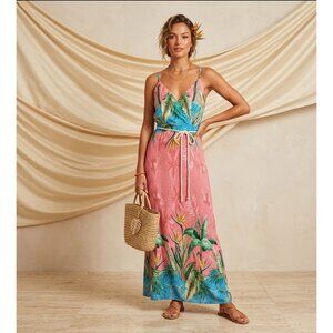 Tropical Maxi Dress Size M With Adjustable Straps Rope Belt And Vibrant Palm Pri
